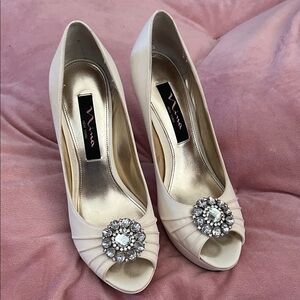 Nina Women's Ivory Jeweled Peep Toe Heels